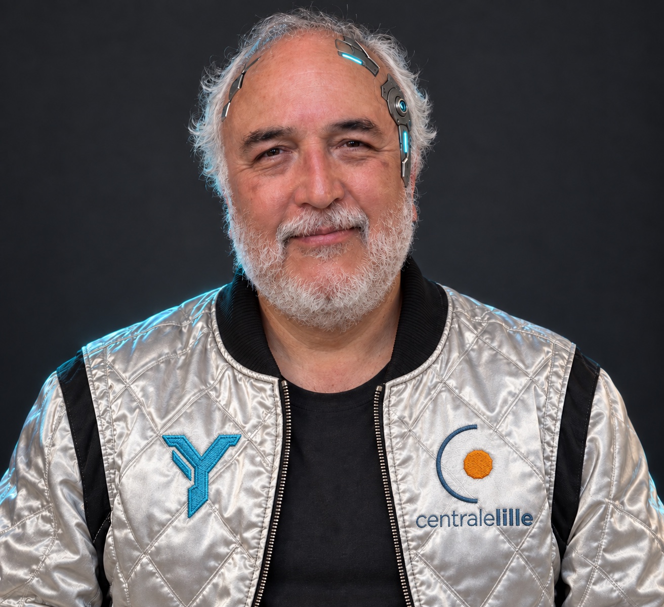 Pascal Yim, blouson argenté et implants cyan